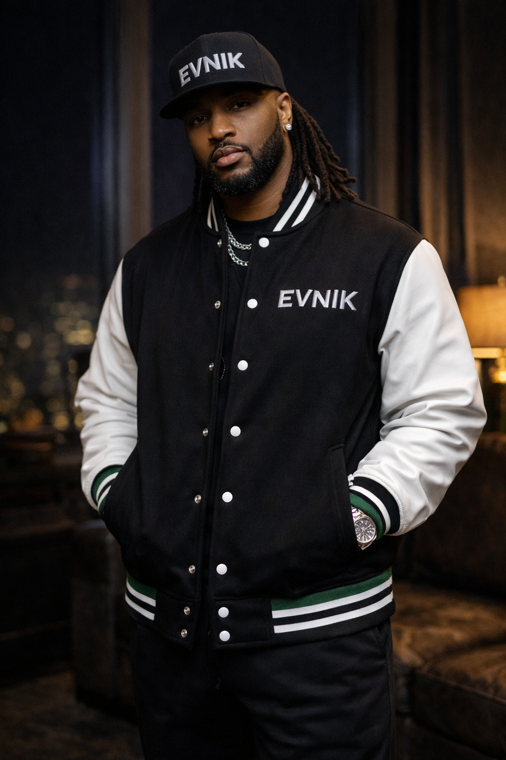 Veste varsity EVNIK noir et blanc signature premium unisexe