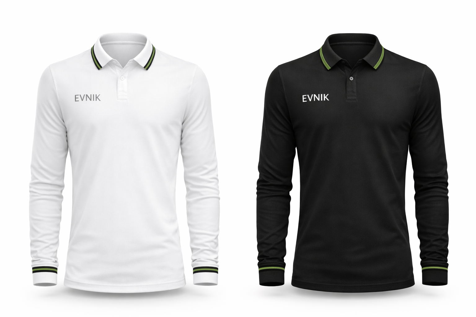 PoloEVNIK blanc & noir manches longues avec col rayé vert et noir et logo EVNIK poitrine