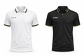 Polo EVNIK blanc & noir manches courtes avec col rayé vert et noir et logo EVNIK brodé sur la poitrine.