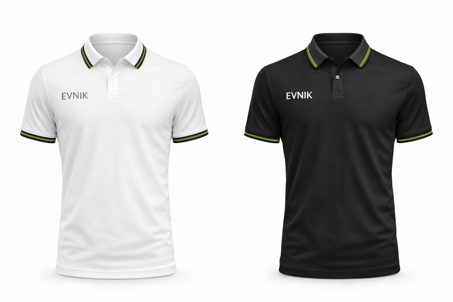 Polo EVNIK blanc & noir manches courtes avec col rayé vert et noir et logo EVNIK brodé sur la poitrine.